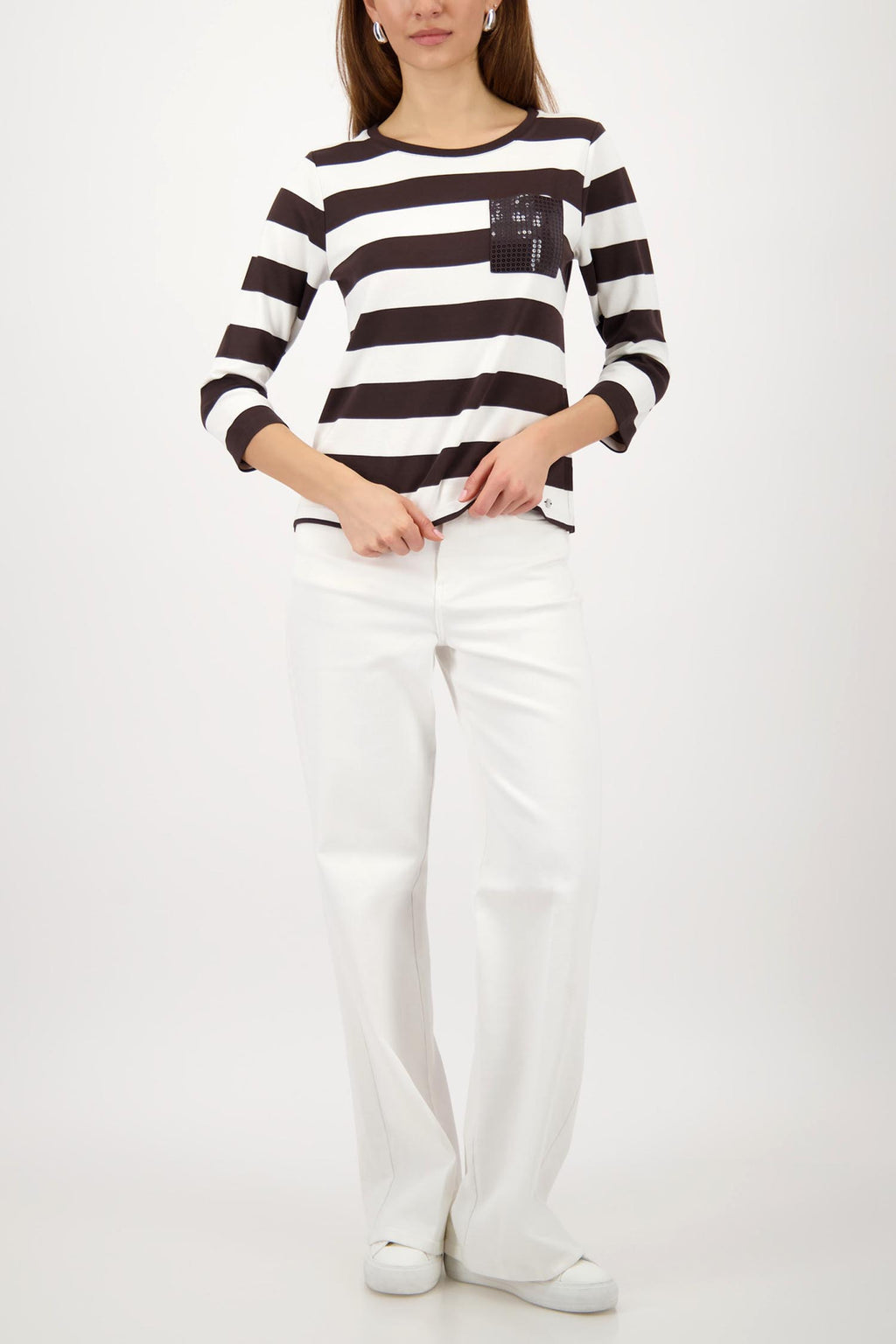3/4 Tee w Sequin Pocket in Dark Chocolate Stripe