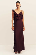Agnes Ruffle Slip Maxi Dress in Wine Tasting