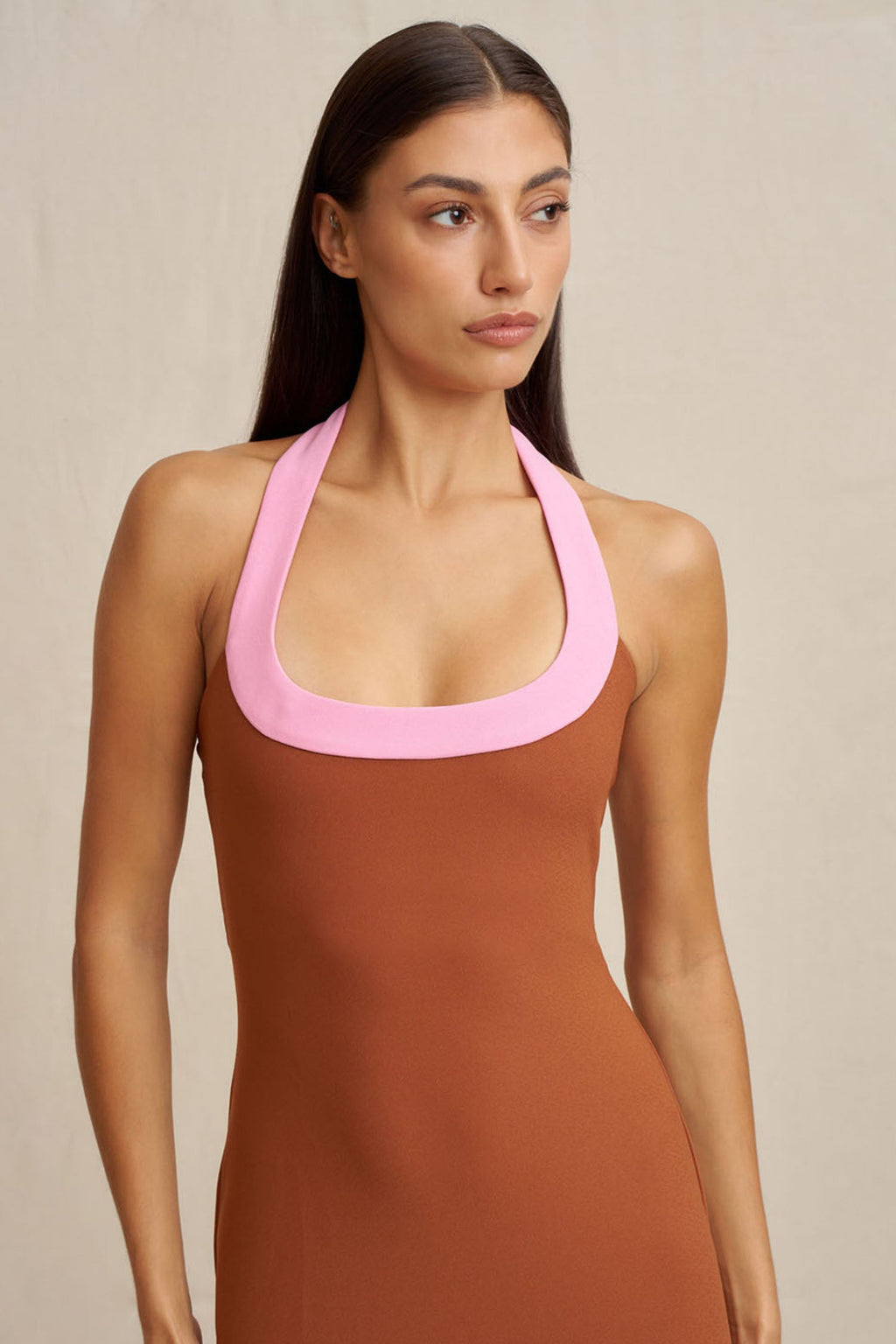 Alexa Halter Midi Dress in Rust Pink