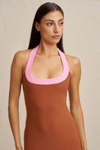 Alexa Halter Midi Dress in Rust Pink
