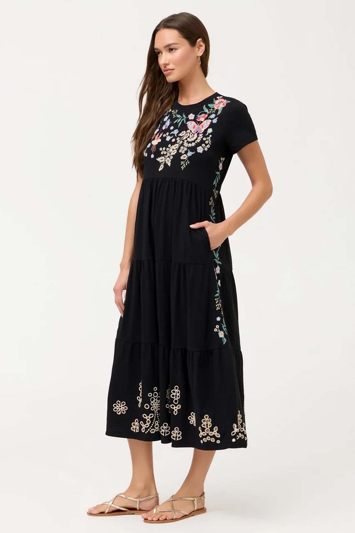 Arva Cap Sleeve Knit Eyelet Maxi Dress in Black