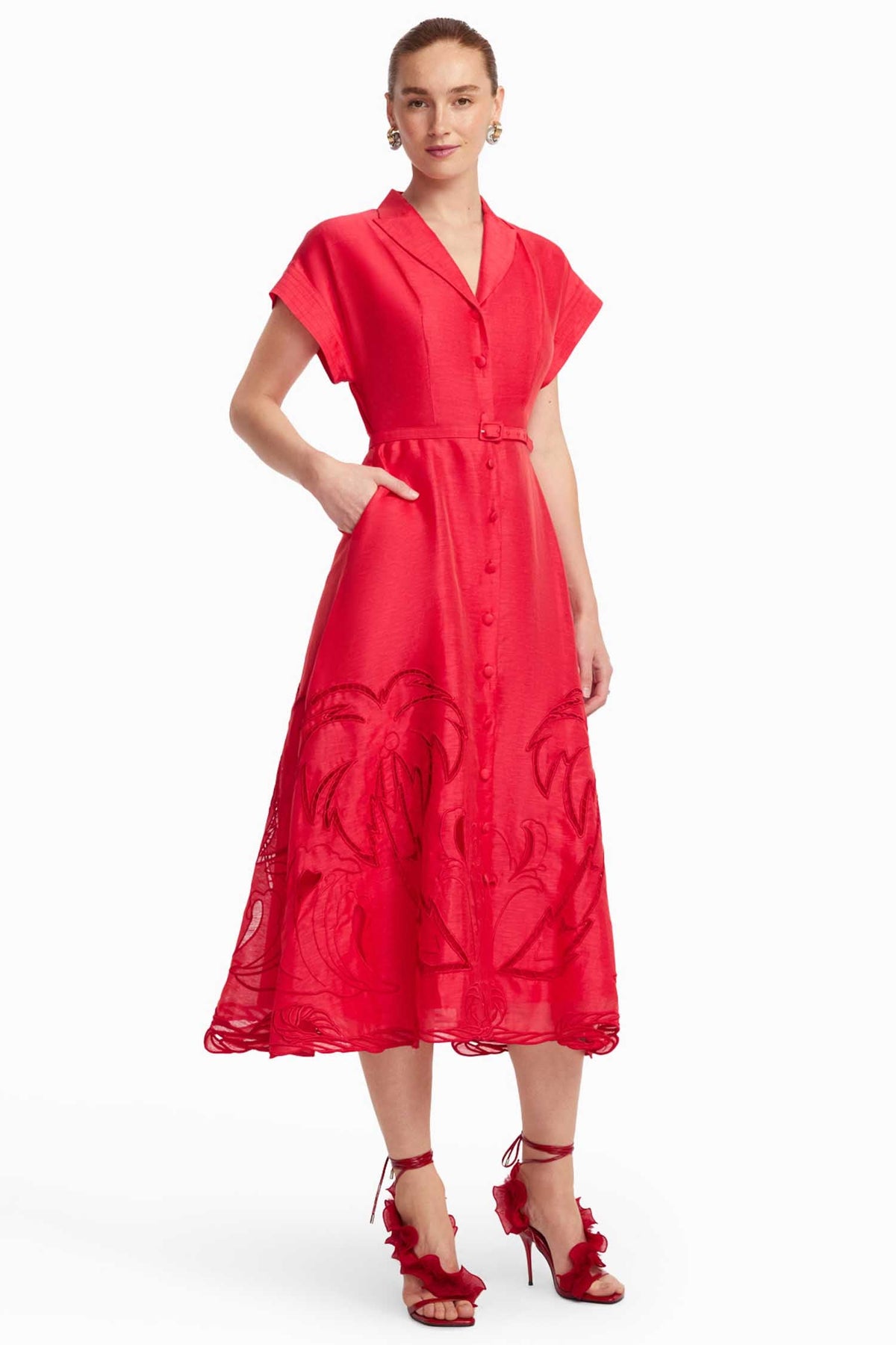 Aubrey Palm Shirt Midi Dress in Scarlet | FINAL SALE