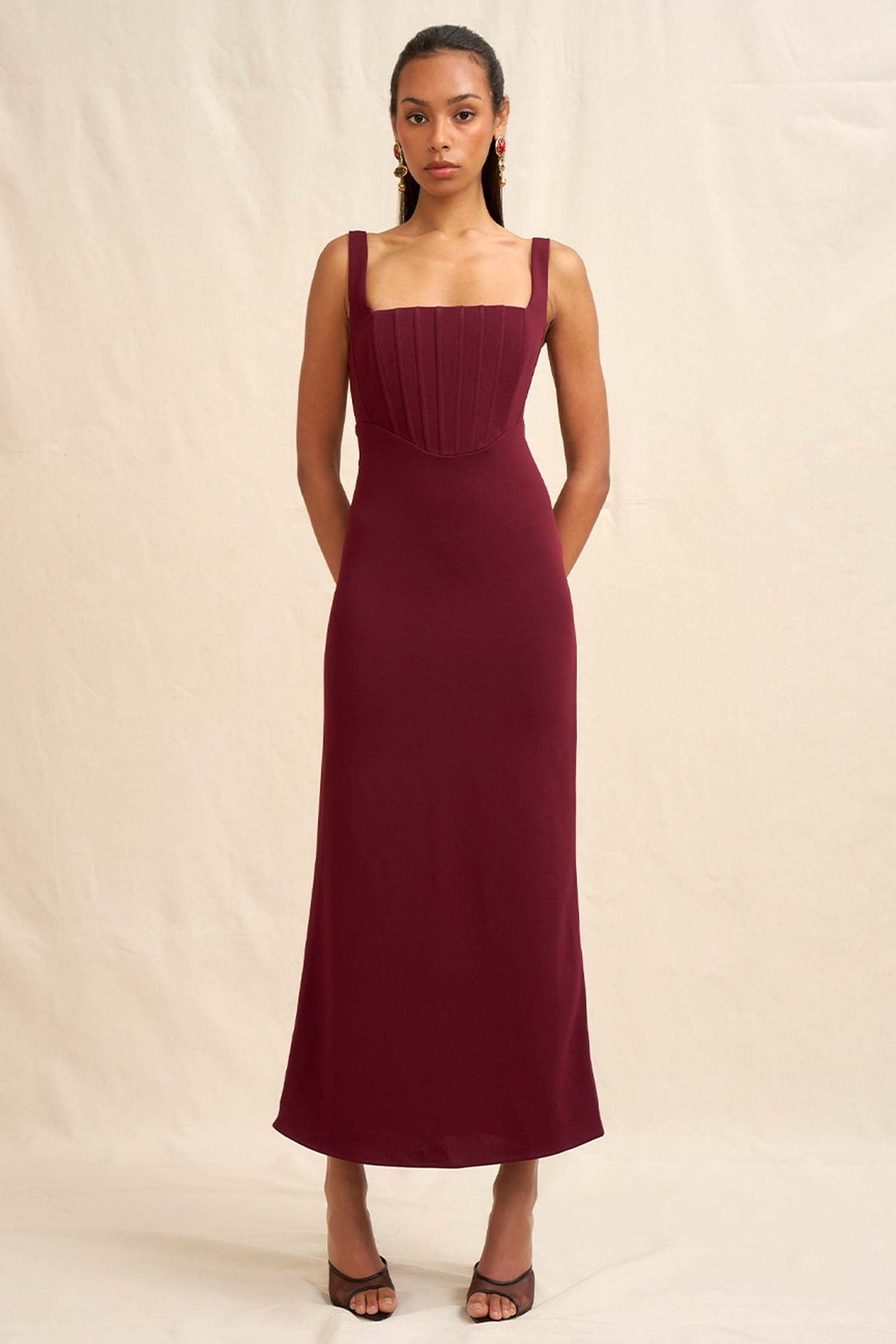 Basia Bodice Midi Dress in Burgundy | FINAL SALE