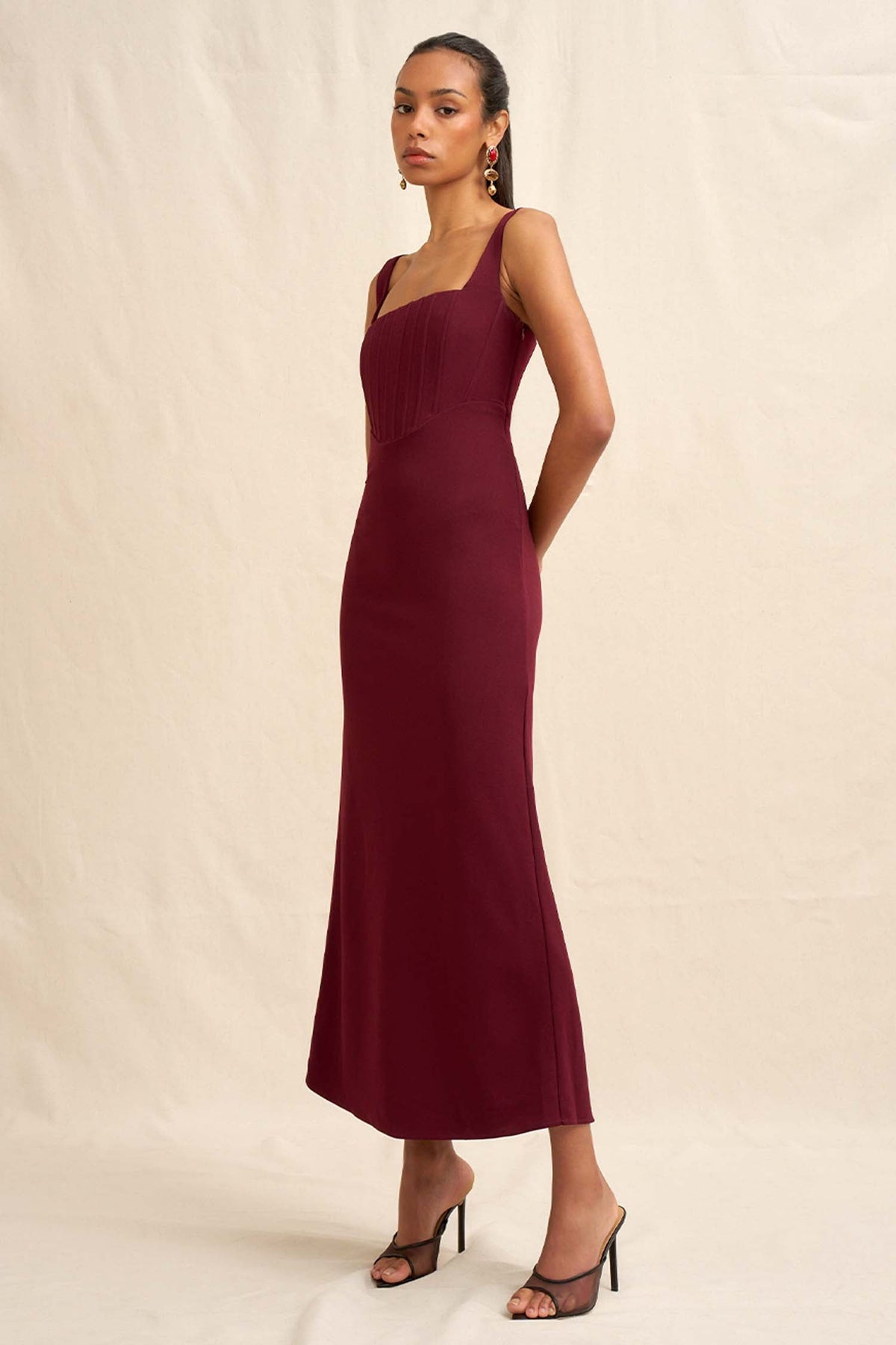 Basia Bodice Midi Dress in Burgundy | FINAL SALE