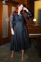 Bella Wrap Dress w Lace Bodice in Black | Satin