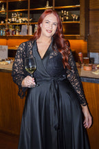 Bella Wrap Dress w Lace Bodice in Black | Satin