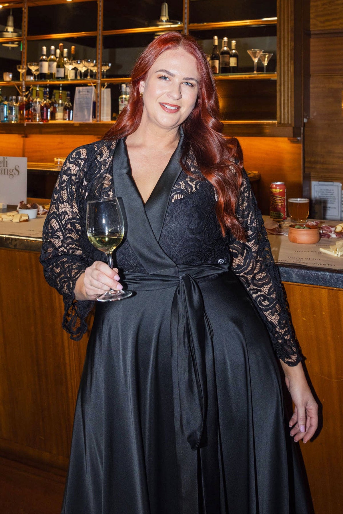 Bella Wrap Dress w Lace Bodice in Black | Satin