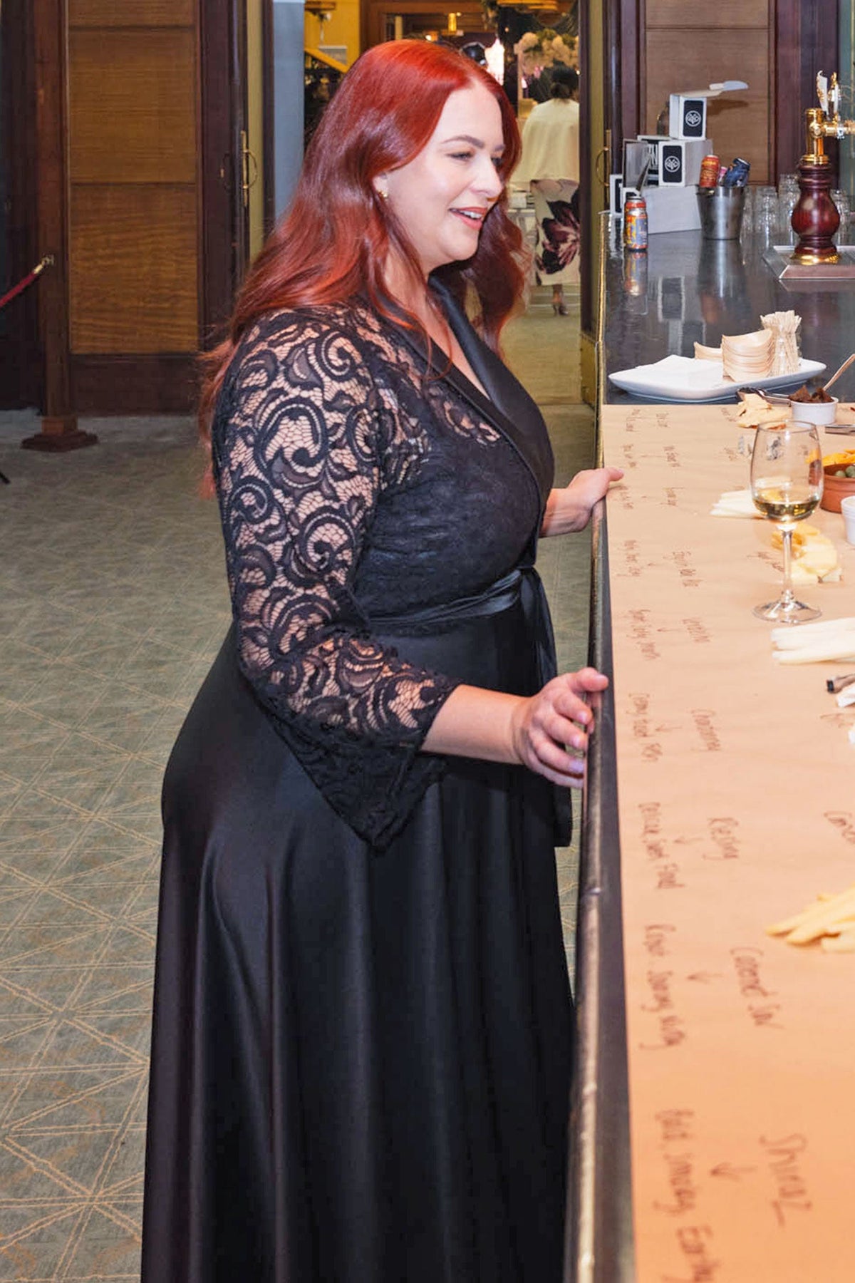 Bella Wrap Dress w Lace Bodice in Black | Satin