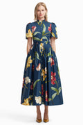 Bianca Short Sleeve Midi Dress in Lily Print in Indigo