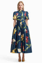 Bianca Short Sleeve Midi Dress in Lily Print in Indigo