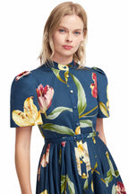 Bianca Short Sleeve Midi Dress in Lily Print in Indigo