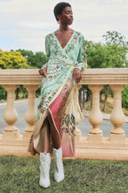 Birds Tree Green Mix Maxi Long Sleeve Dress