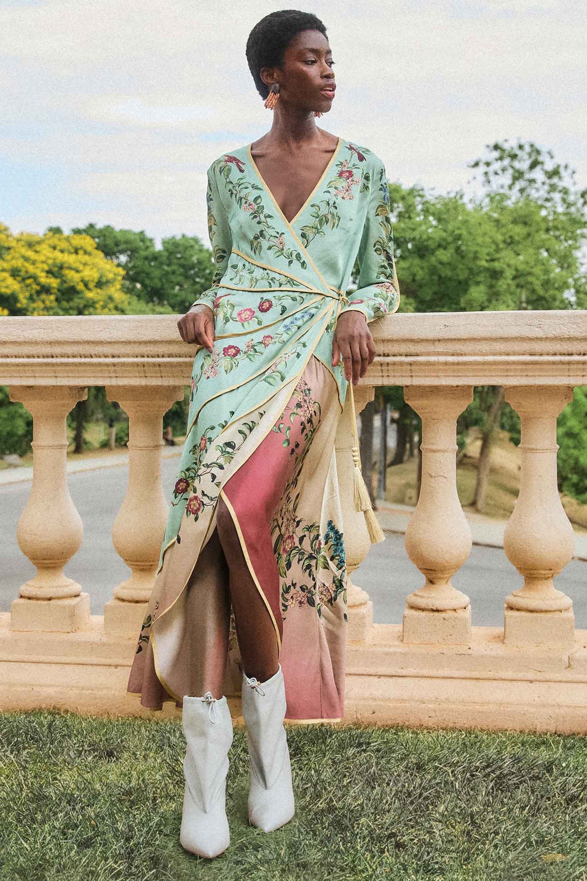 Birds Tree Green Mix Maxi Long Sleeve Dress