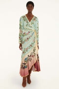 Birds Tree Green Mix Maxi Long Sleeve Dress