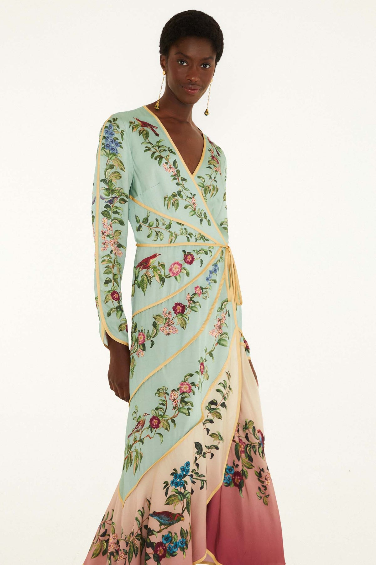 Birds Tree Green Mix Maxi Long Sleeve Dress