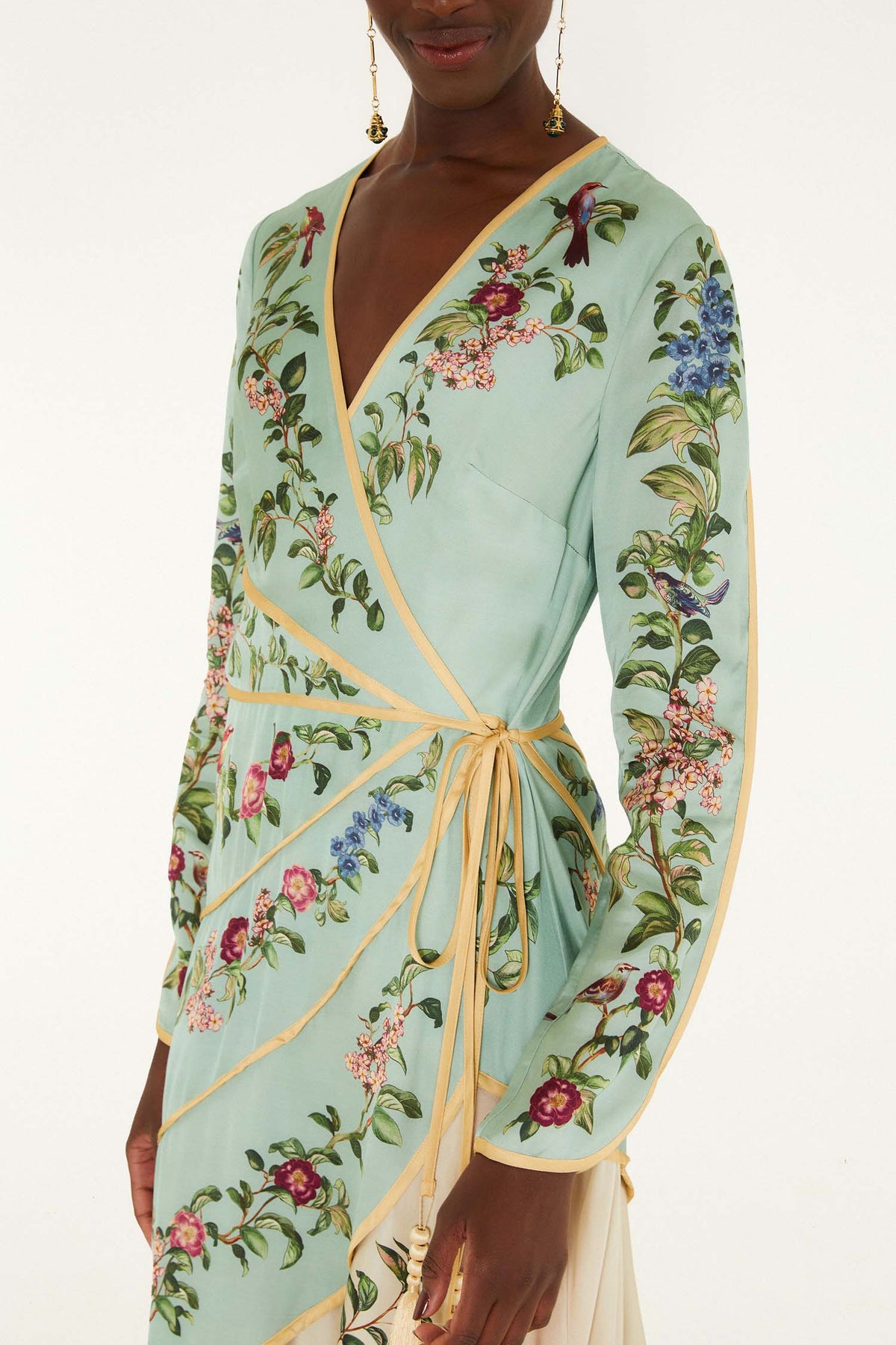 Birds Tree Green Mix Maxi Long Sleeve Dress