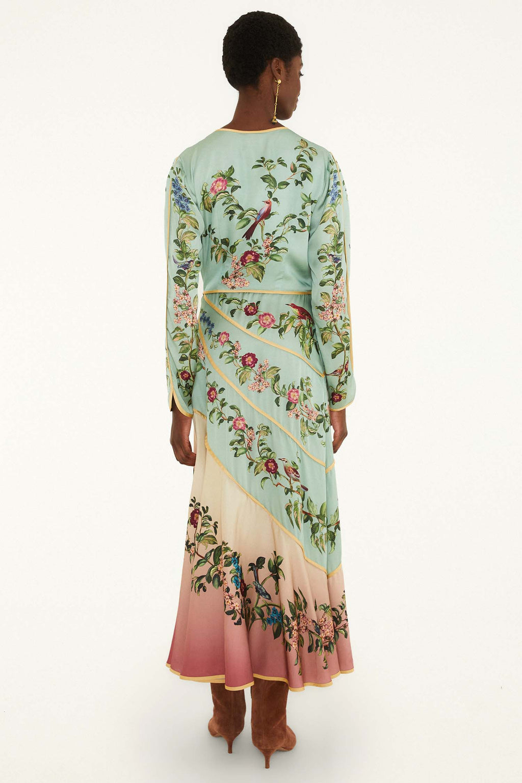 Birds Tree Green Mix Maxi Long Sleeve Dress