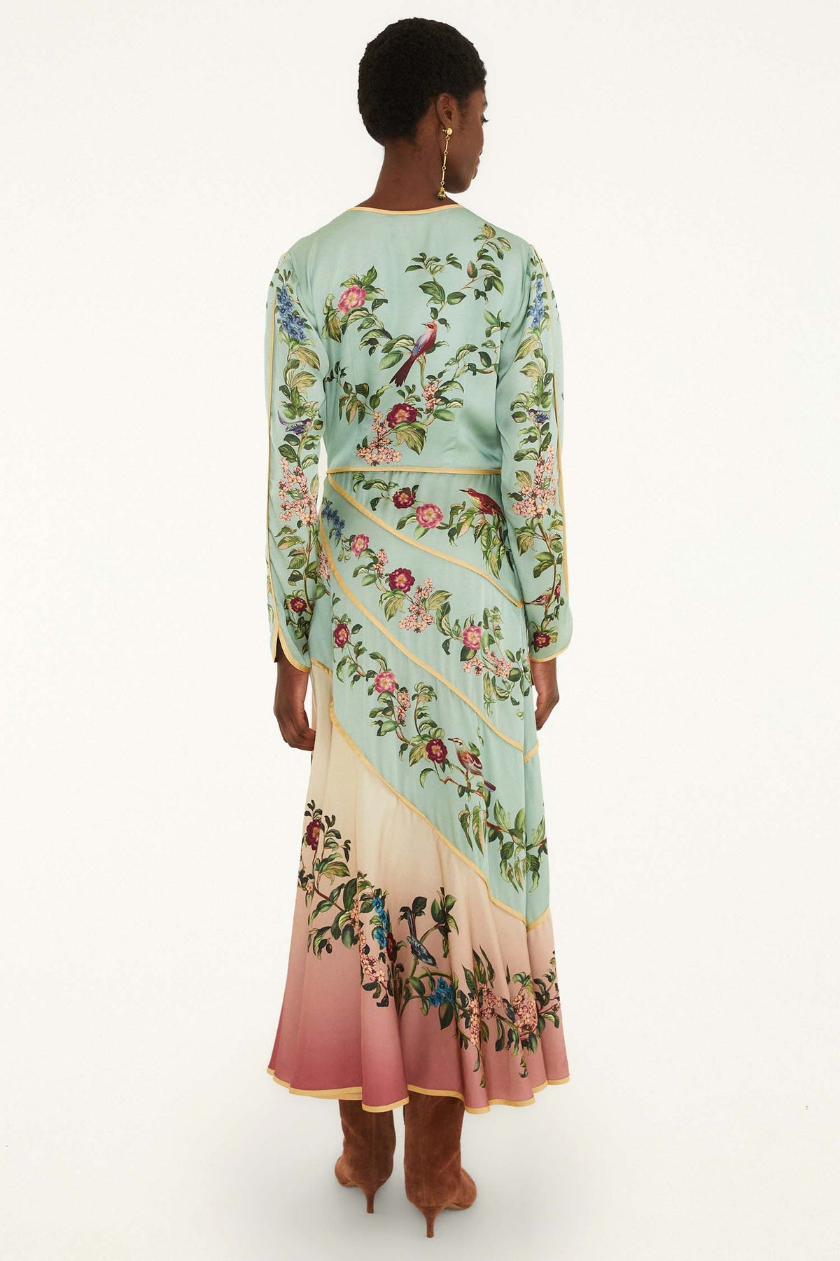 Birds Tree Green Mix Maxi Long Sleeve Dress