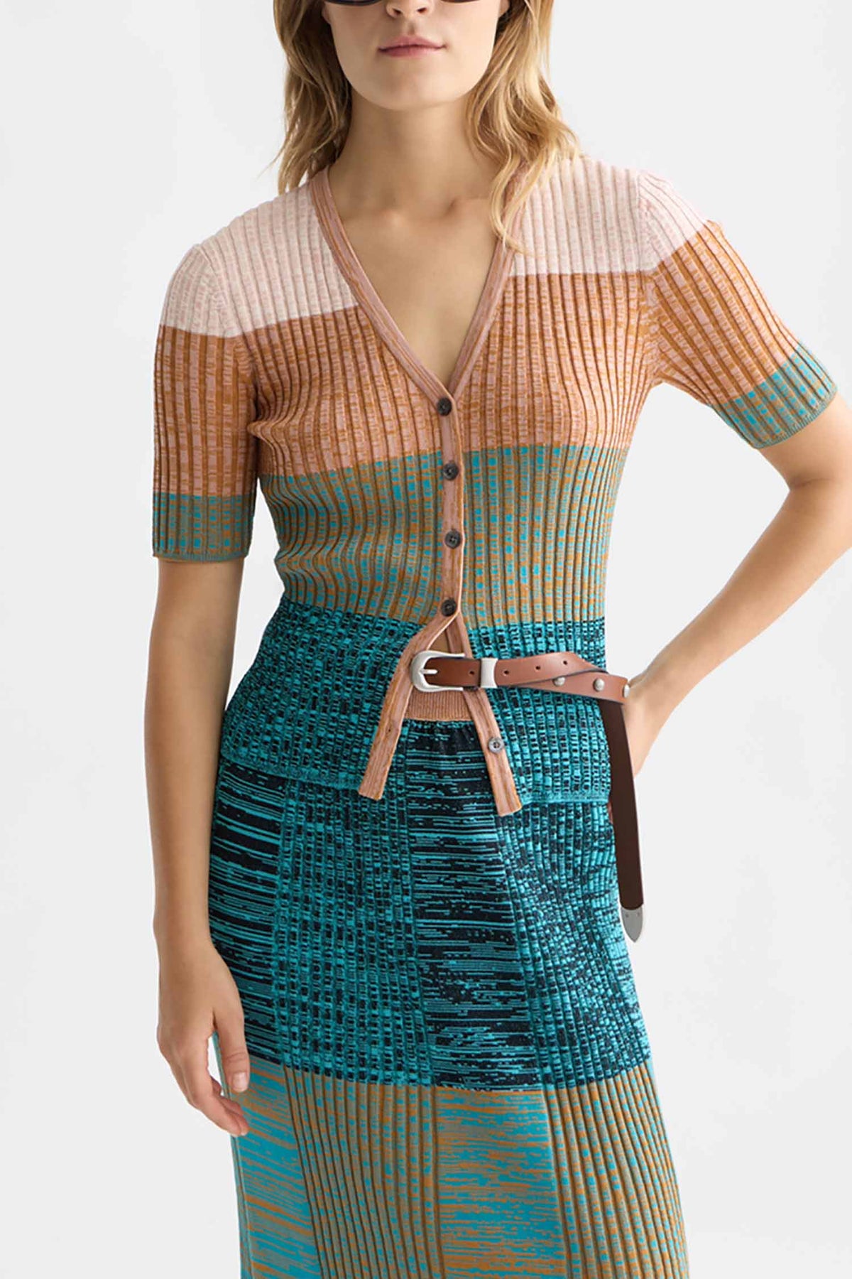Block Stripe Rib S/S Cardigan in Tahitian Teal