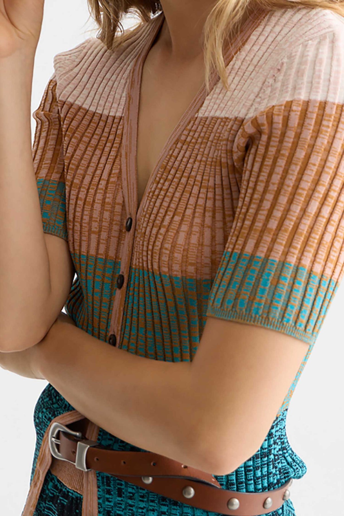 Block Stripe Rib S/S Cardigan in Tahitian Teal