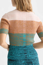 Block Stripe Rib S/S Cardigan in Tahitian Teal