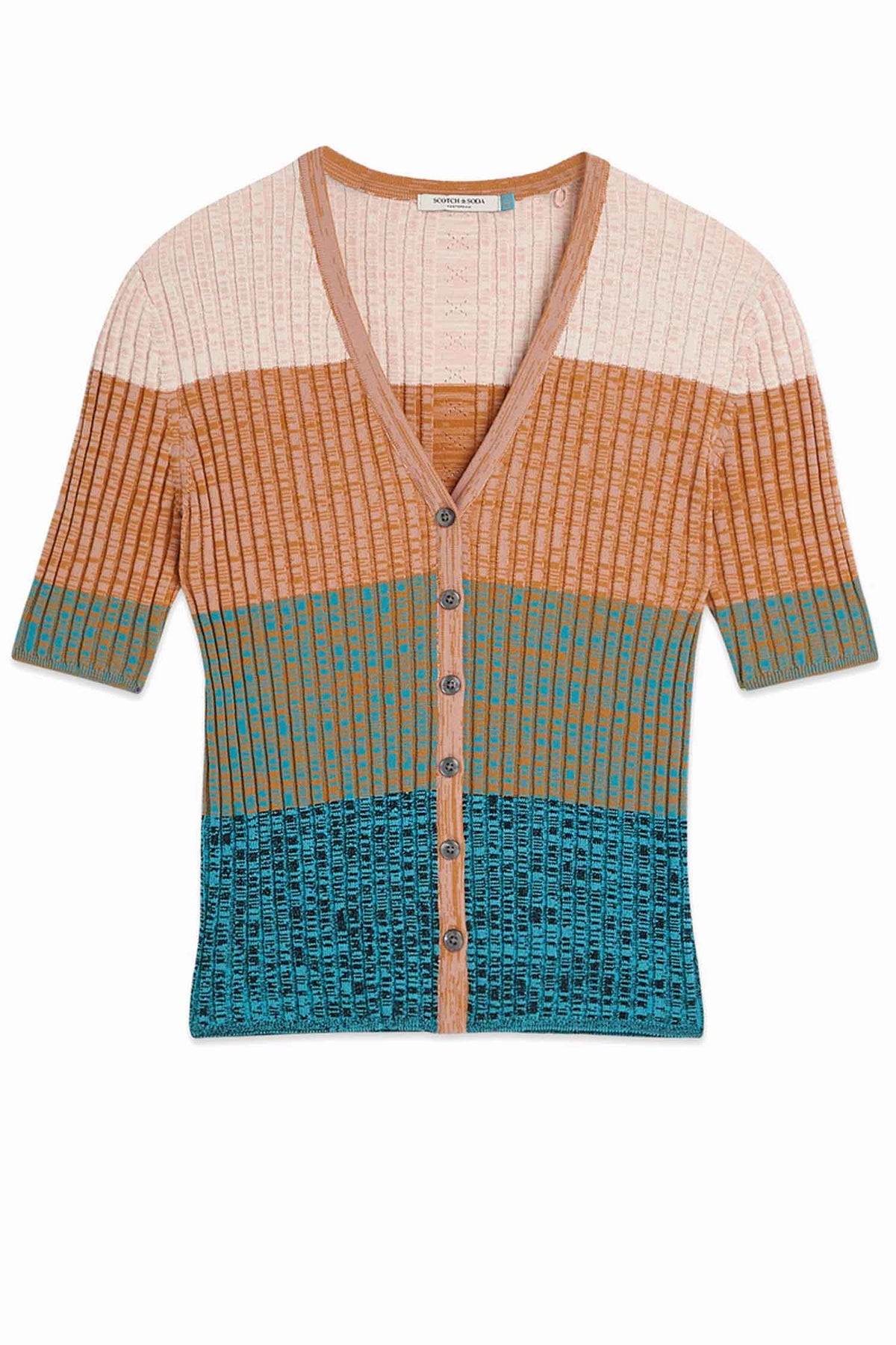 Block Stripe Rib S/S Cardigan in Tahitian Teal