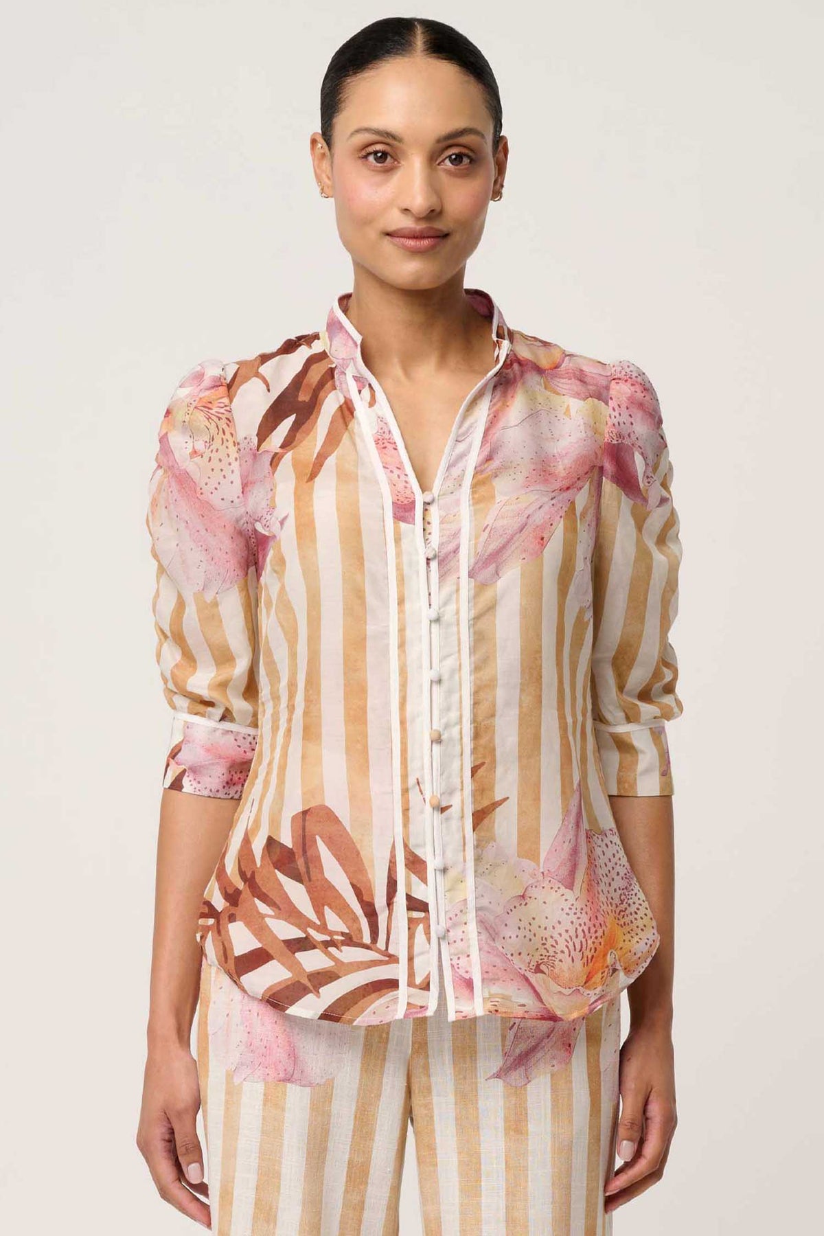Calantha Ruched Sleeve Shirt in Golden Promenade