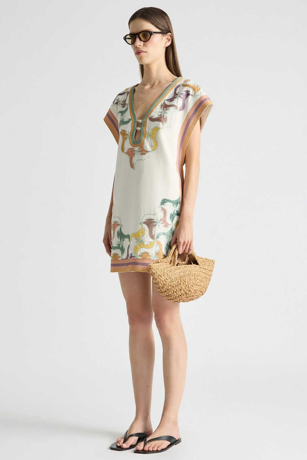 Cap Sleeve Shift Dress with Keyhole in Framed