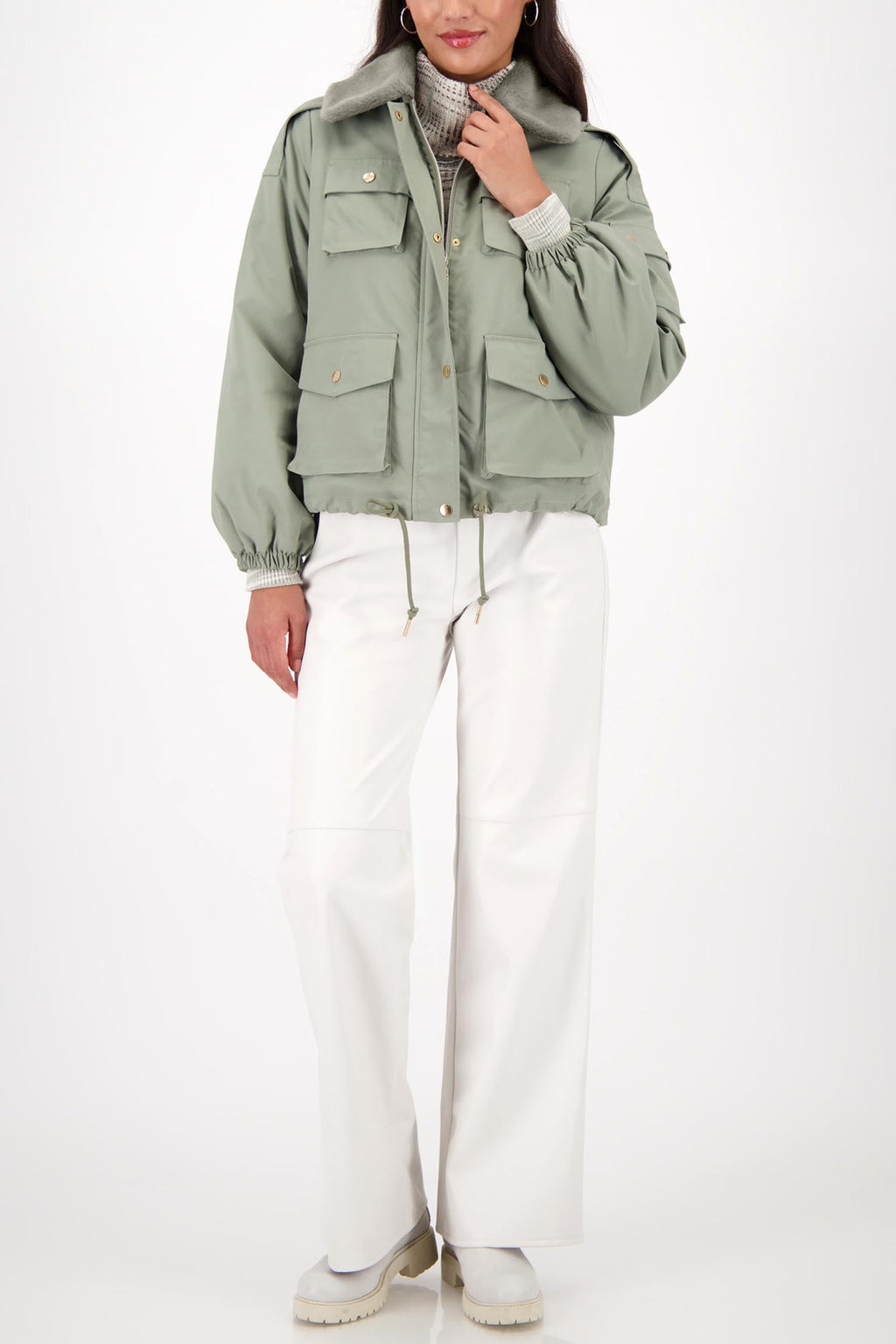 Cargo Jacket w Faux Fur Collar in Sage