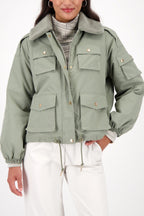Cargo Jacket w Faux Fur Collar in Sage