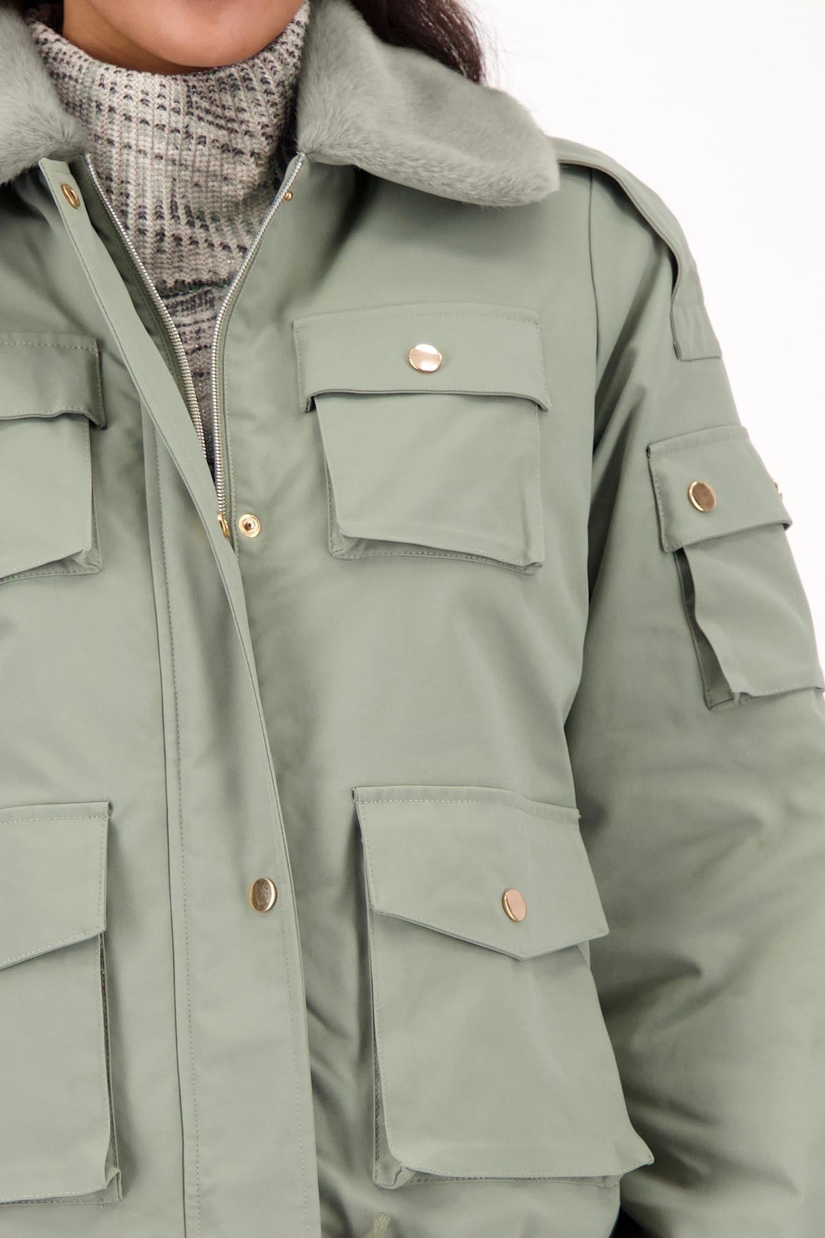 Cargo Jacket w Faux Fur Collar in Sage