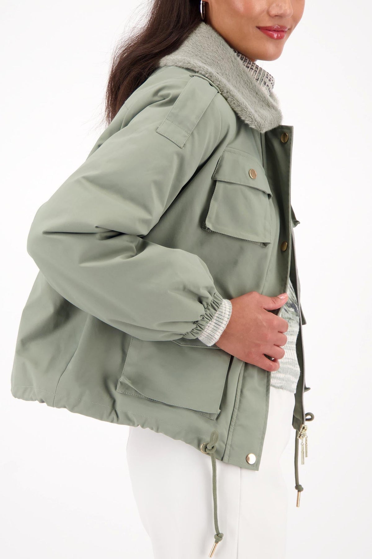 Cargo Jacket w Faux Fur Collar in Sage
