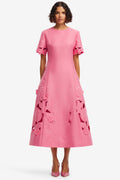 Caroline Applique Short Sleeve Midi Dress in Fuchsia