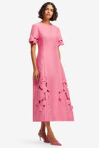 Caroline Applique Short Sleeve Midi Dress in Fuchsia