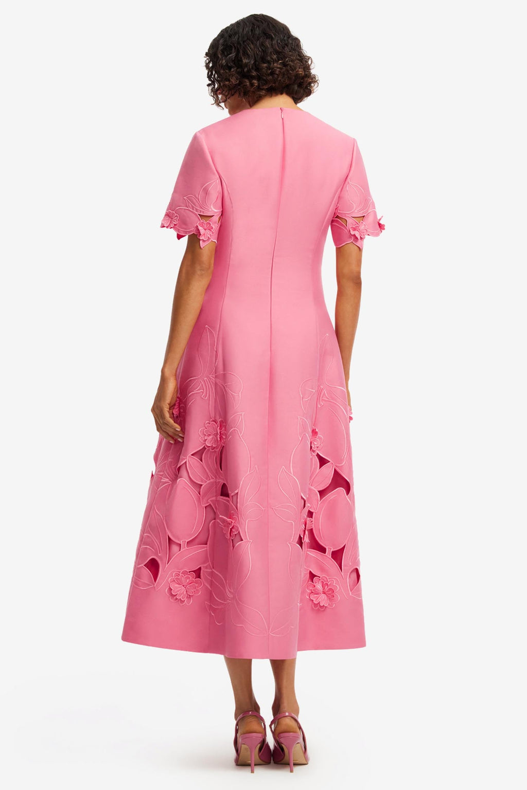 Caroline Applique Short Sleeve Midi Dress in Fuchsia