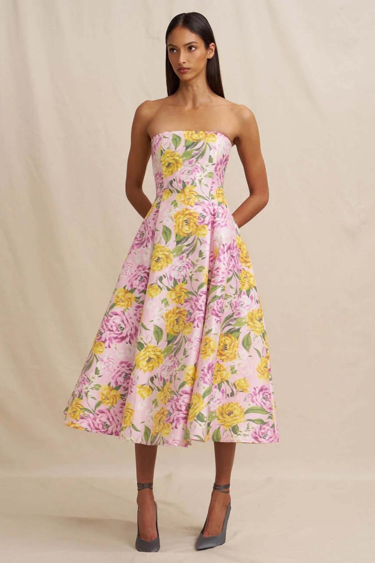 Christina Panel Strapless Dress in Lilac Floral