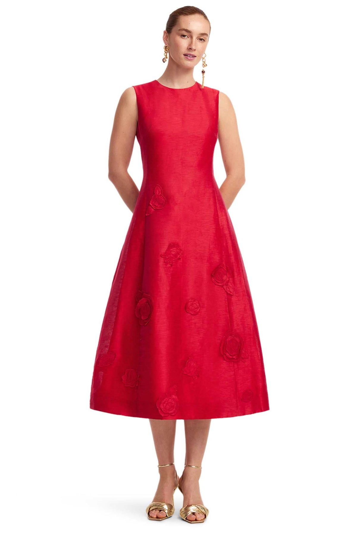 Cleo Applique Sleeveless Midi Dress in Scarlet