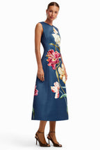 Cleo Embroidered Sleeveless Midi Dress in Lily Print in Indigo