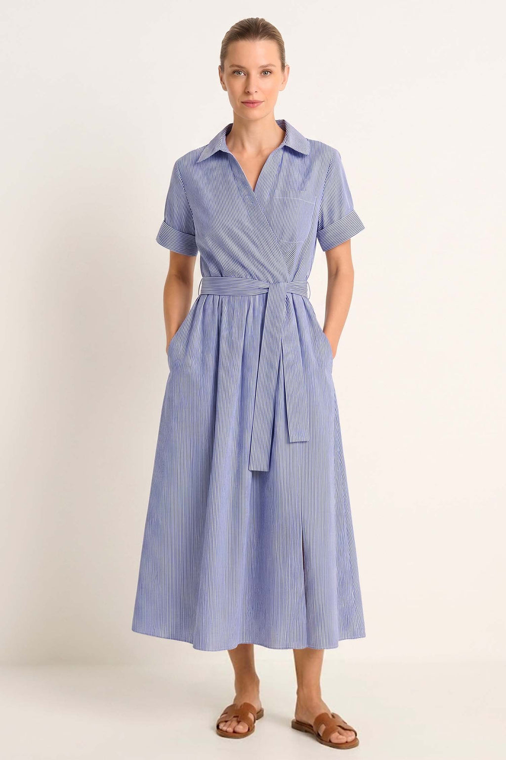 Cotton Striped Midi Dress in Midnight Blue
