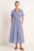 Cotton Striped Midi Dress in Midnight Blue