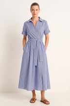Cotton Striped Midi Dress in Midnight Blue