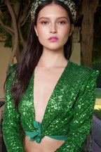 Crop Sequin Jacket in Emerald