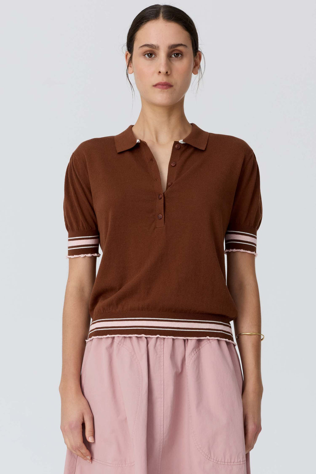Dahlia Knit Polo in Toffee/Pink