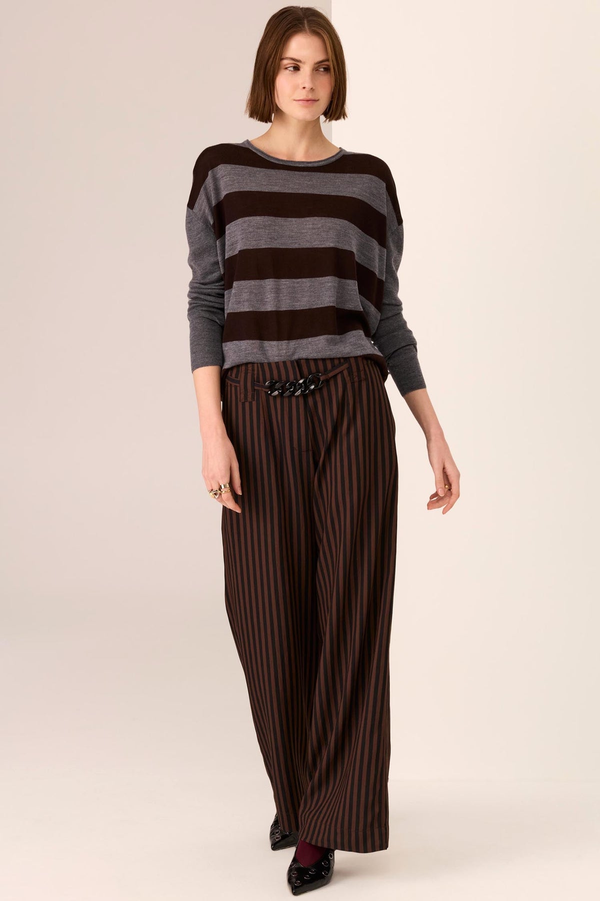 Dara Belted Pant in Choc/Black Stripe