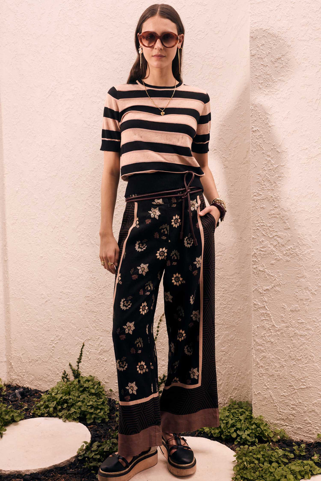 Darcey Stripe Knit Tee in Black/Pink