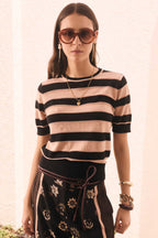 Darcey Stripe Knit Tee in Black/Pink