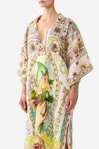 Deep V Neck Kaftan with Curved Seam in Painted Prayers