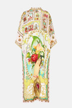 Deep V Neck Kaftan with Curved Seam in Painted Prayers