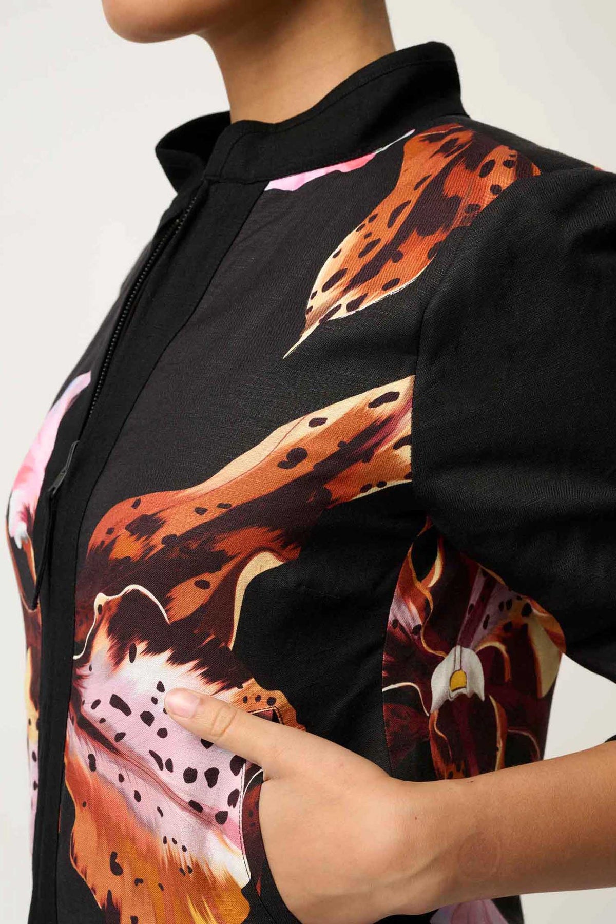 Delray Reversible Printed Placement Embroidered Jacket in Sunet Orchid/ Noir Orchid