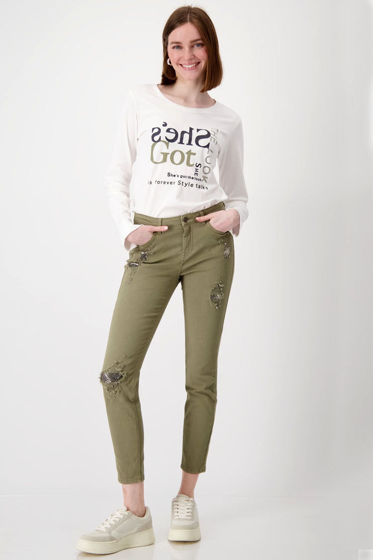 Distressed Denim Jeans with Studs in Green Tea | FINAL SALE